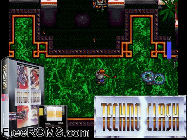 Techno Clash Genesis game showing 3D box cover and gameplay screenshot