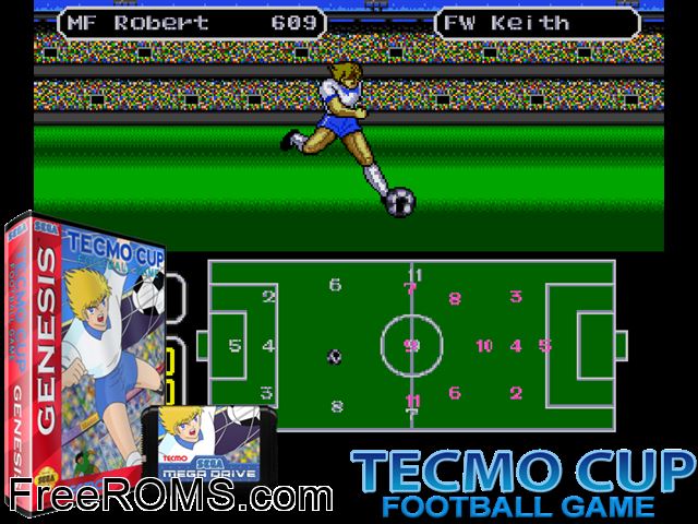 Tecmo Cup (Japan) Genesis game showing 3D box cover and gameplay screenshot