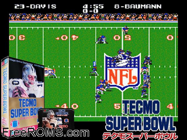 Tecmo Super Bowl (Japan) Genesis game showing 3D box cover and gameplay screenshot