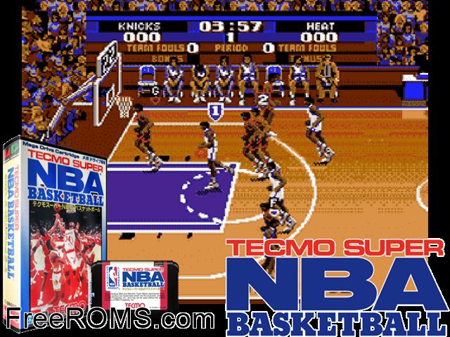 Tecmo Super NBA Basketball (Japan) Genesis game showing 3D box cover and gameplay screenshot