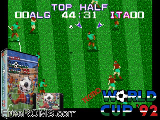 Tecmo World Cup '92 (Japan) Genesis game showing 3D box cover and gameplay screenshot