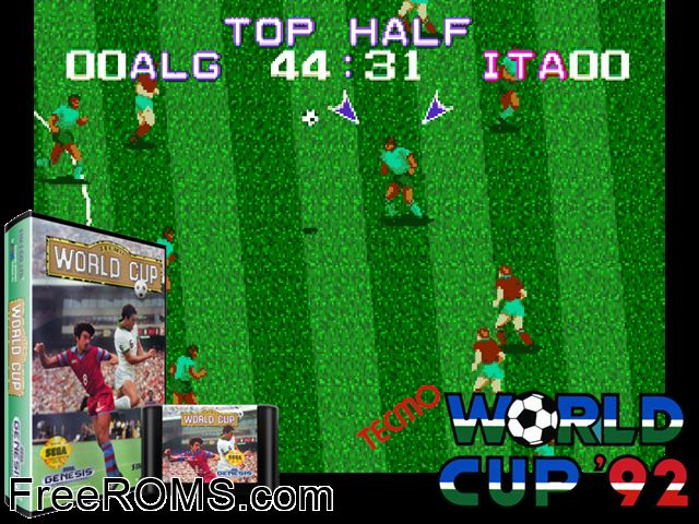 Tecmo World Cup '93 Genesis game showing 3D box cover and gameplay screenshot