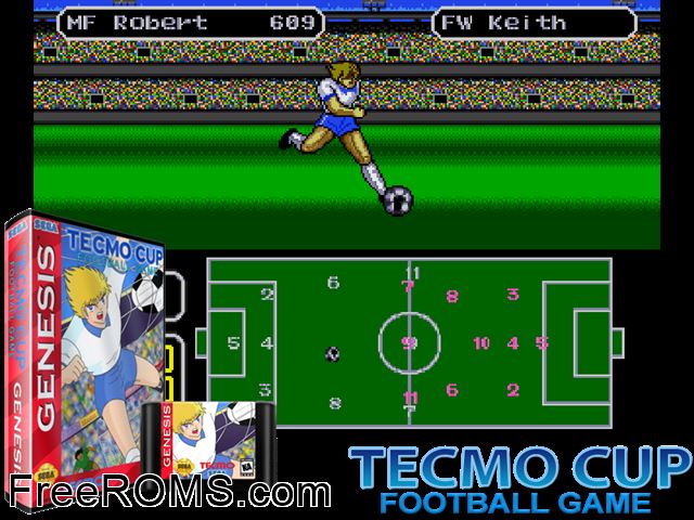 Tecmo Cup Football Game Genesis game showing 3D box cover and gameplay screenshot