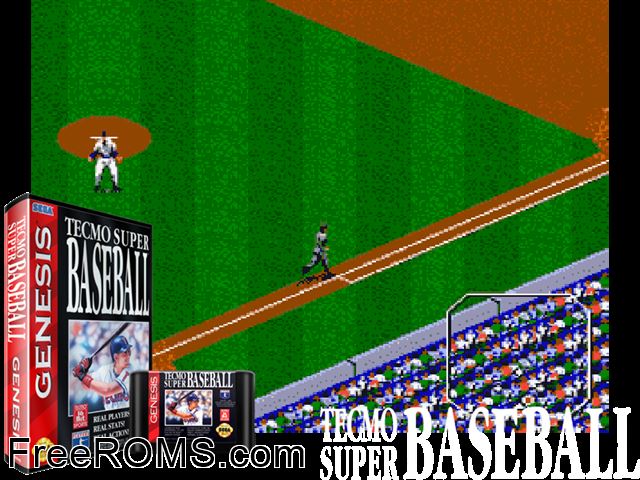 Tecmo Super Baseball Genesis game showing 3D box cover and gameplay screenshot