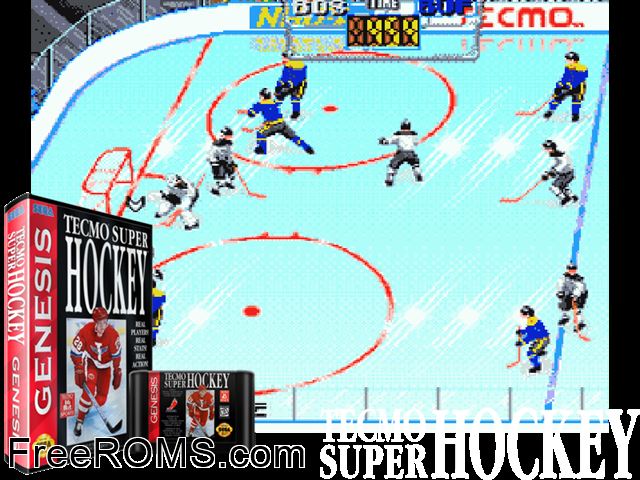 Tecmo Super Hockey Genesis game showing 3D box cover and gameplay screenshot