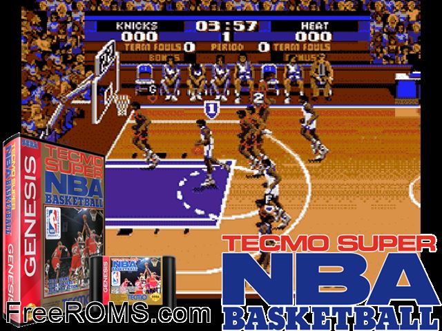 Tecmo Super NBA Basketball Genesis game showing 3D box cover and gameplay screenshot