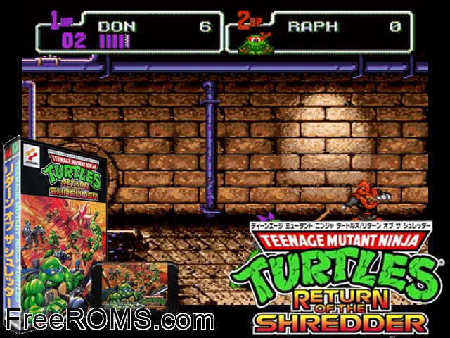 Turtles - Return of the Shredder Genesis game showing 3D box cover and gameplay screenshot