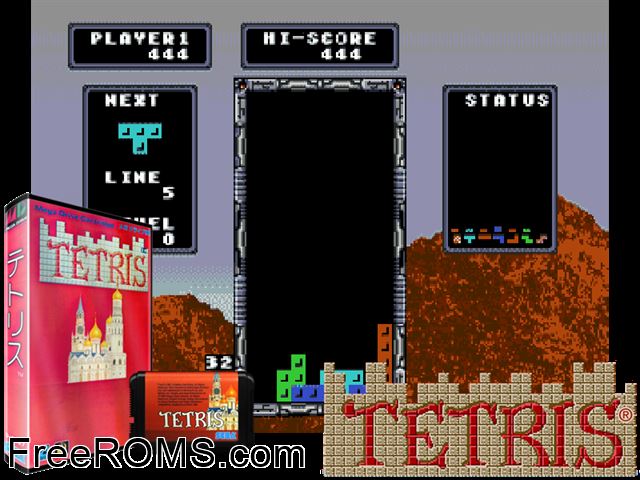 Tetris Genesis game showing 3D box cover and gameplay screenshot
