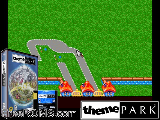 Theme Park Genesis game showing 3D box cover and gameplay screenshot