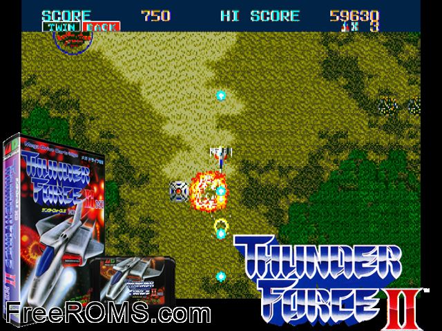 Thunder Force II MD (Japan) Genesis game showing 3D box cover and gameplay screenshot