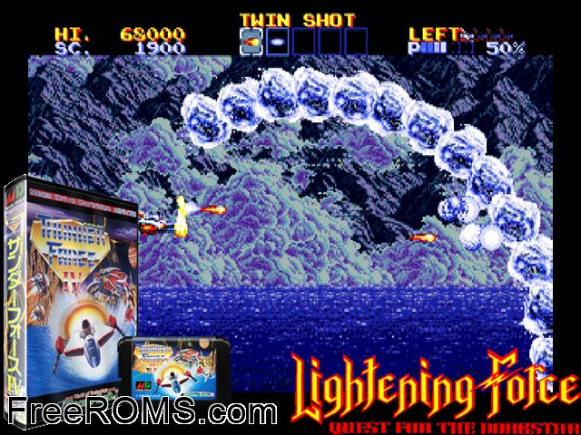 Thunder Force IV (Japan) Genesis game showing 3D box cover and gameplay screenshot