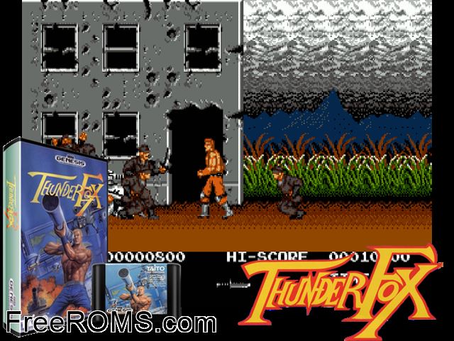 Thunder Fox Genesis game showing 3D box cover and gameplay screenshot