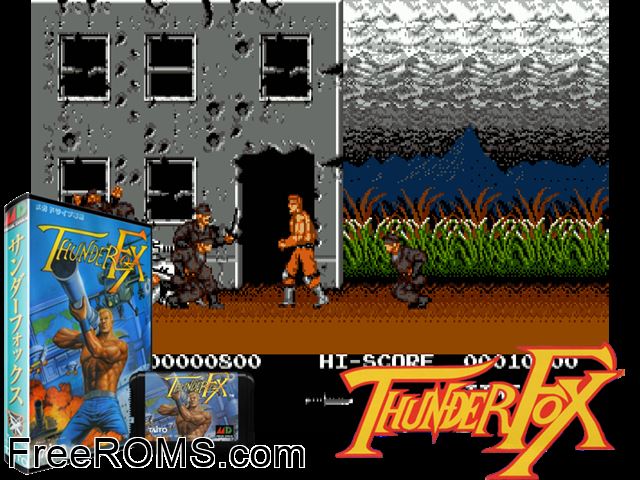 Thunder Fox Jap Genesis game showing 3D box cover and gameplay screenshot