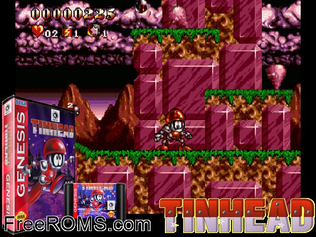Tin Head Genesis game showing 3D box cover and gameplay screenshot