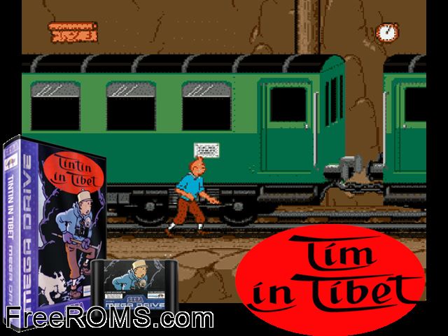 Tintin Au Tibet Genesis game showing 3D box cover and gameplay screenshot