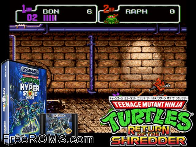 Turtles the Hyperstone Heist Genesis game showing 3D box cover and gameplay screenshot