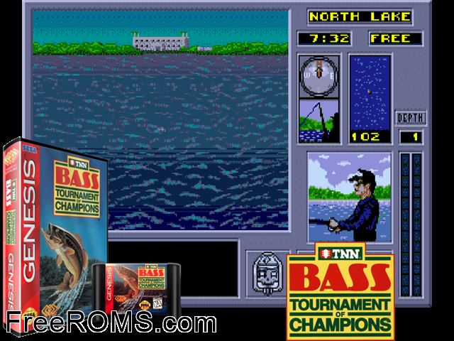 TNN Bass Tournament of Champions (REV01) Genesis game showing 3D box cover and gameplay screenshot