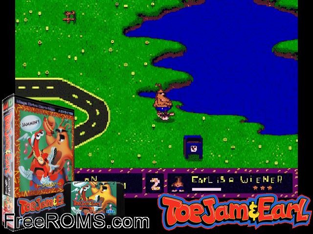 Toejam And Earl (Japan) (REV02) Genesis game showing 3D box cover and gameplay screenshot