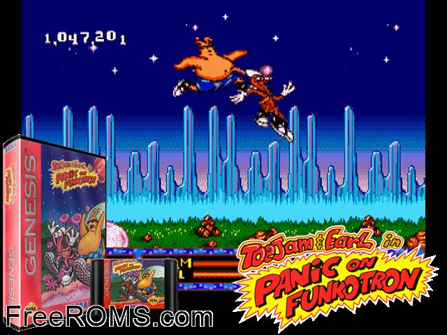 Toejam And Earl in Panic on Funkotron (Japan) Genesis game showing 3D box cover and gameplay screenshot