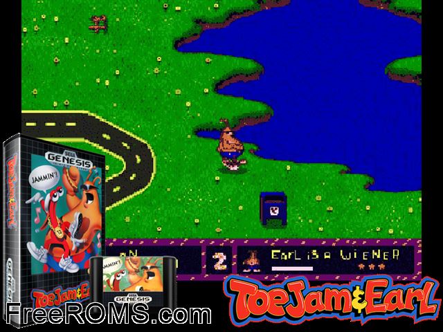 Toejam and Earl Genesis game showing 3D box cover and gameplay screenshot