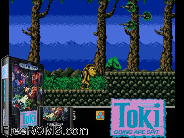 Toki Genesis game showing 3D box cover and gameplay screenshot