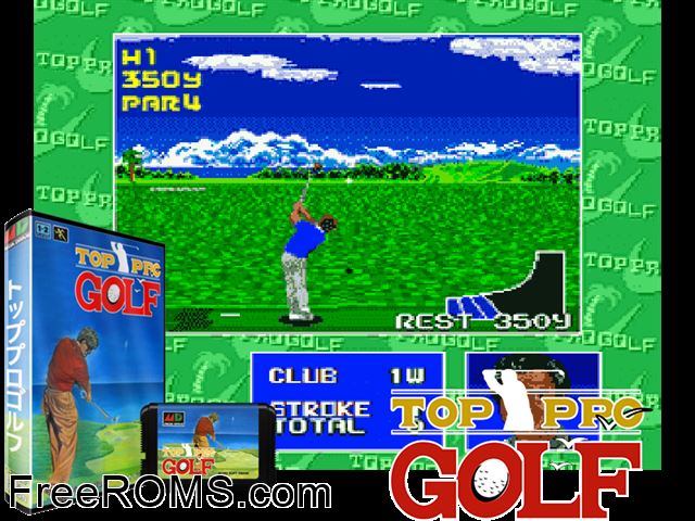 Top Pro Golf (Japan) Genesis game showing 3D box cover and gameplay screenshot