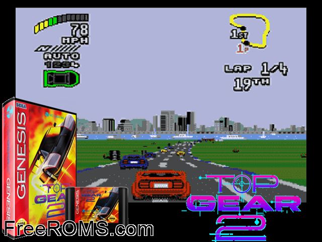 Top gear 2 Genesis game showing 3D box cover and gameplay screenshot