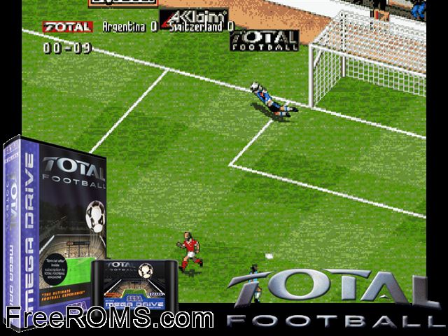 Total Football Genesis game showing 3D box cover and gameplay screenshot