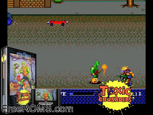 Toxic Crusaders Genesis game showing 3D box cover and gameplay screenshot