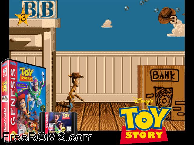 Toy Story Genesis game showing 3D box cover and gameplay screenshot