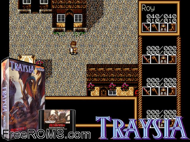 Traysia Genesis game showing 3D box cover and gameplay screenshot
