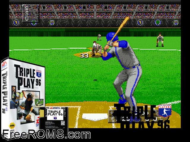 Triple Play '96 Genesis game showing 3D box cover and gameplay screenshot