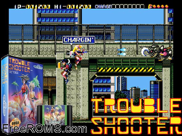 Trouble Shooter Genesis game showing 3D box cover and gameplay screenshot