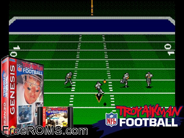 Troy Aikman NFL Football Genesis game showing 3D box cover and gameplay screenshot