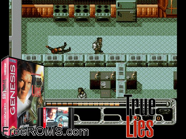 True Lies Genesis game showing 3D box cover and gameplay screenshot