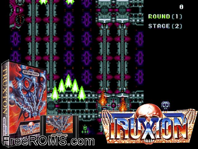 Truxton Genesis game showing 3D box cover and gameplay screenshot
