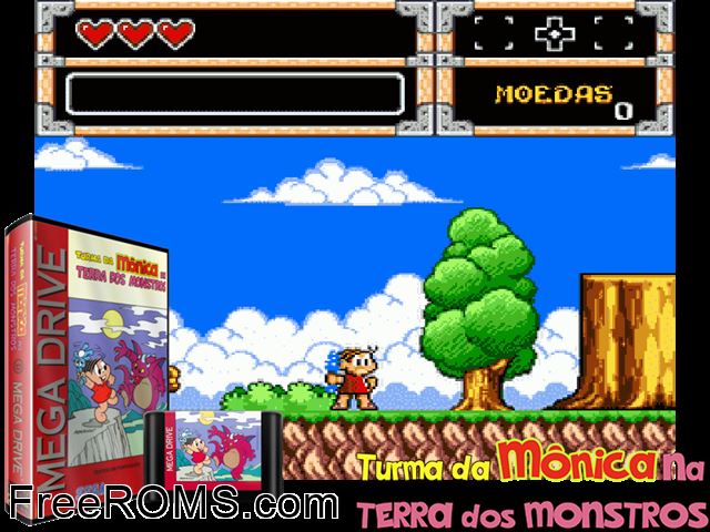 Turma da Monica na Terra Dos Monstros Genesis game showing 3D box cover and gameplay screenshot
