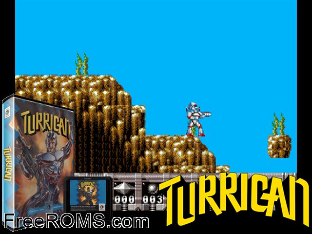 Turrican Genesis game showing 3D box cover and gameplay screenshot