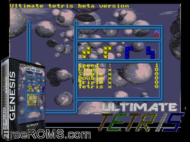 Ultimate Tetris by Haroldo de Oliveira Pinheiro (Public Domain) Genesis game showing 3D box cover and gameplay screenshot