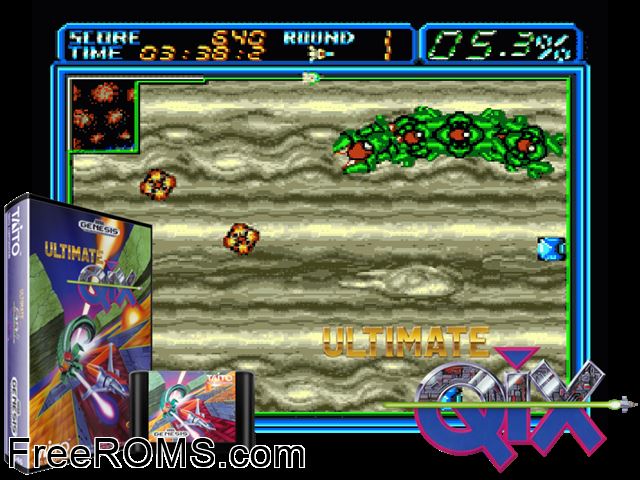 Ultimate Qix Genesis game showing 3D box cover and gameplay screenshot