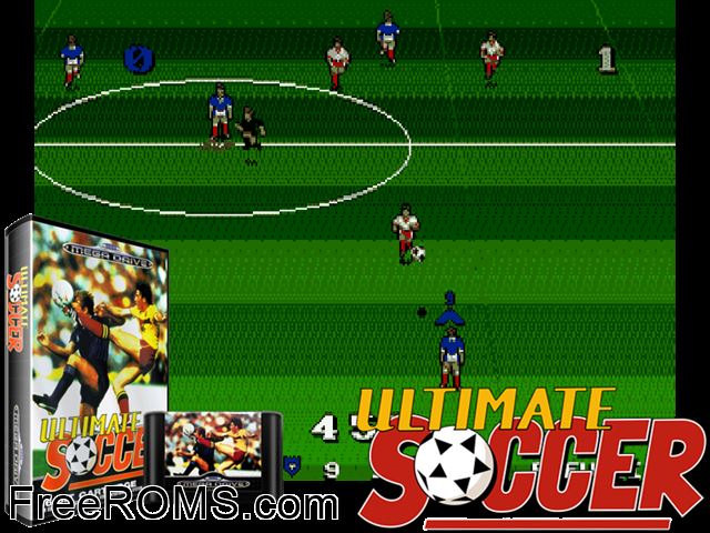 Ultimate Soccer Genesis game showing 3D box cover and gameplay screenshot
