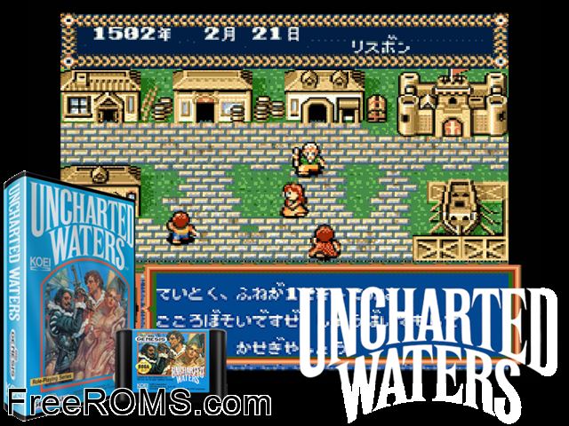 Uncharted Waters Genesis game showing 3D box cover and gameplay screenshot