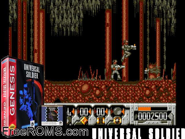 Universal Soldier Genesis game showing 3D box cover and gameplay screenshot