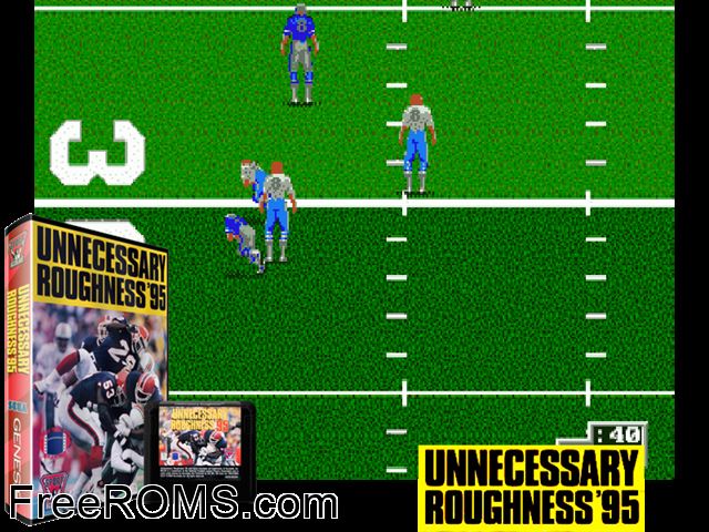 Unnecessary Roughness 95 Genesis game showing 3D box cover and gameplay screenshot
