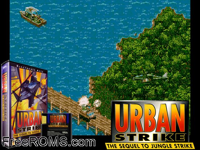 Urban Strike Genesis game showing 3D box cover and gameplay screenshot