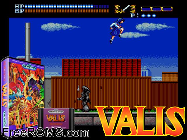 Valis Genesis game showing 3D box cover and gameplay screenshot
