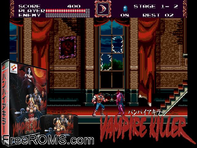 Vampire Killer Genesis game showing 3D box cover and gameplay screenshot
