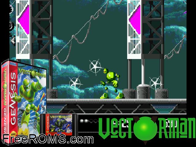 Vectorman Genesis game showing 3D box cover and gameplay screenshot