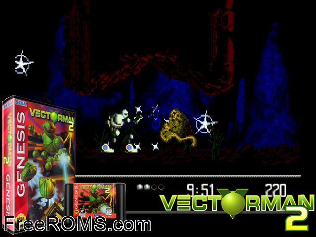 Vectorman 2 Genesis game showing 3D box cover and gameplay screenshot