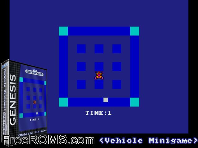 Vehicle Minigame by Johnny13 (Public Domain) Genesis game showing 3D box cover and gameplay screenshot